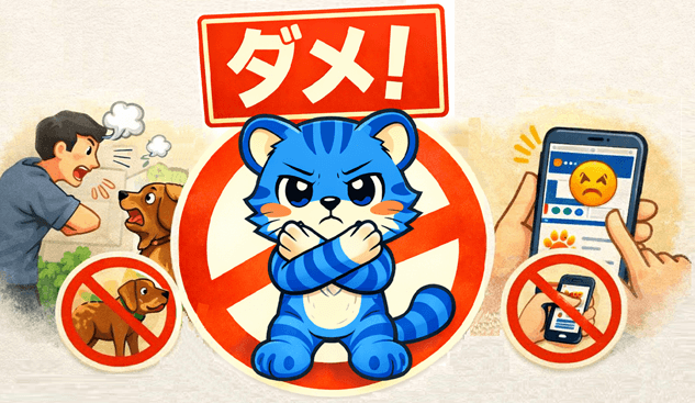 まちトラが注意ポーズでNG行動を説明しているイラスト